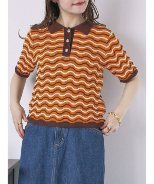 配色透かし編みポロシャツ