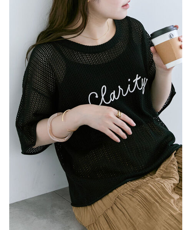 ロゴコード刺繍メッシュニット