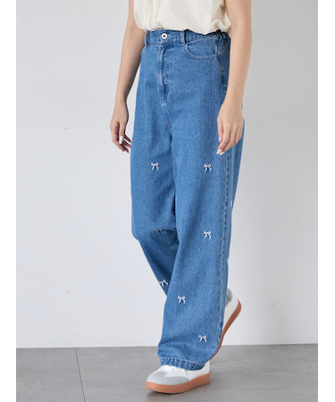 ◎リボン刺繍ストレートデニムパンツ