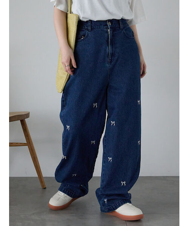 ◎リボン刺繍ストレートデニムパンツ