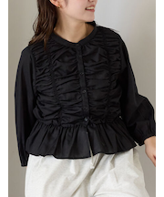 シャーリングバンドカラーブラウス