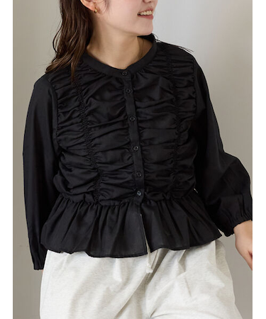 シャーリングバンドカラーブラウス