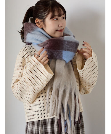 ふわもこマフラー太フリンジチェック