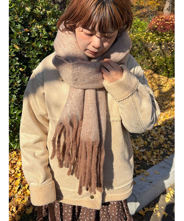 ふわもこマフラー太フリンジシャンブレー無地