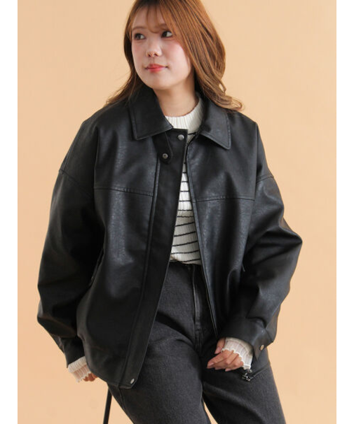 襟ファーフェイクレザージャケット