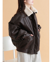 襟ファーフェイクレザージャケット