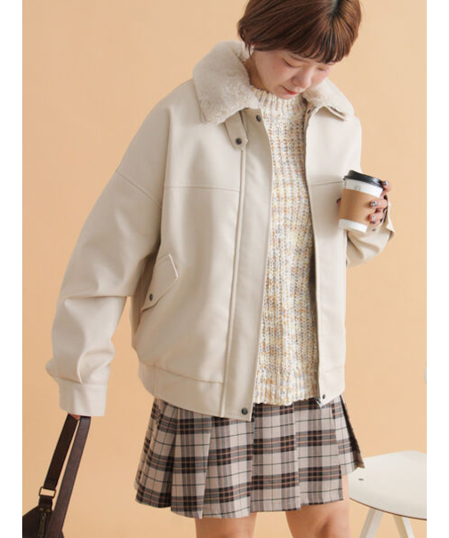 襟ファーフェイクレザージャケット