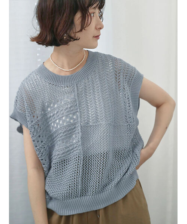 麻タッチパッチワークニットベスト