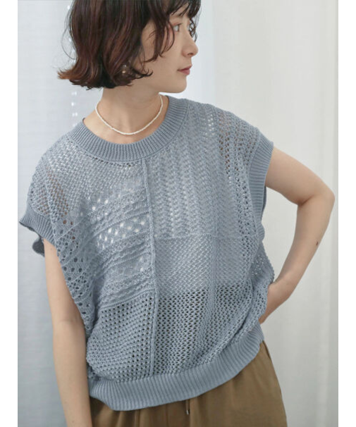 麻タッチパッチワークニットベスト