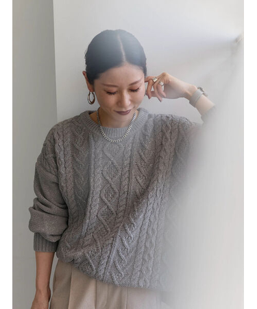 ラメモールケーブルニットプルオーバー