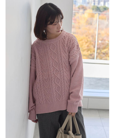 ラメモールケーブルニットプルオーバー