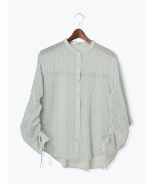 袖シャーリングシアーストライプブラウス