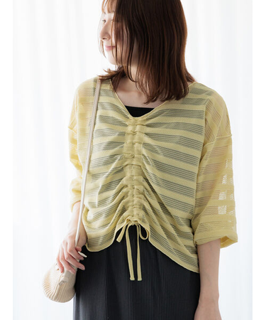 メッシュボーダーシャーリングトップス