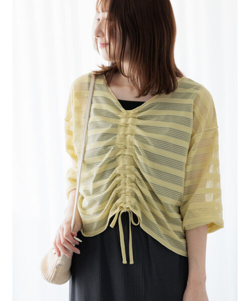 メッシュボーダーシャーリングトップス