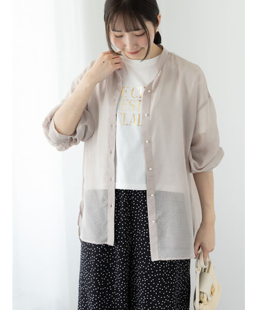 パール釦バンドカラーシアーシャツ