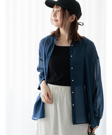 パール釦バンドカラーシアーシャツ