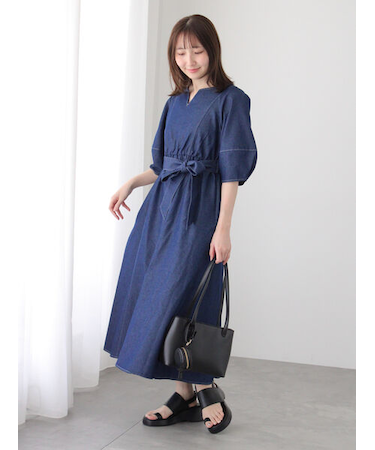 ウエストリボン付きランタンスリーブワンピース