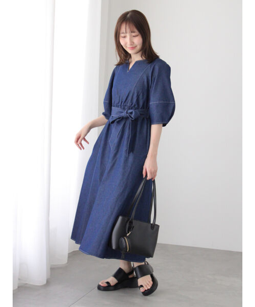 ウエストリボン付きランタンスリーブワンピース