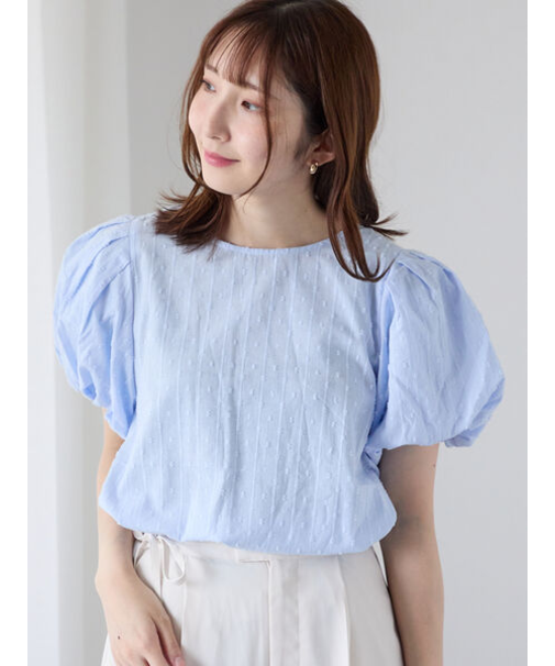 ストライプドットジャカードパフ袖ブラウス