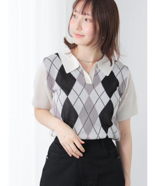 アーガイル開襟ニット