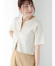 リボン刺繍ダブルジップカーディガン