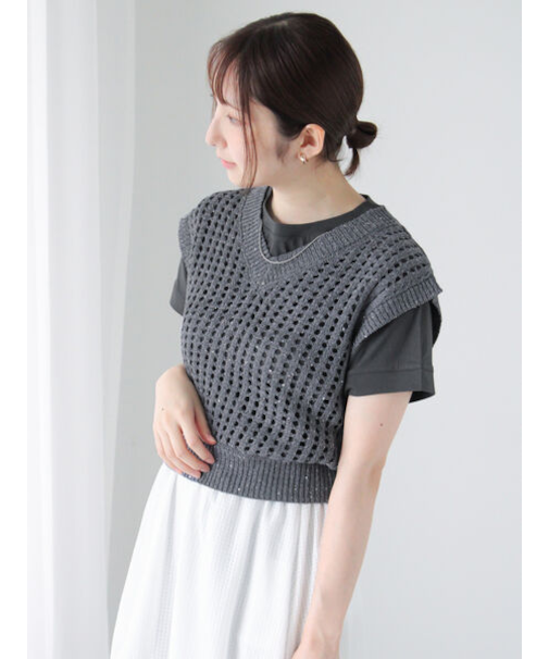 スパンコールメッシュVネックベスト