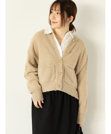 ブークレ金釦クルーネックカーディガン