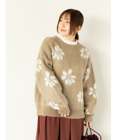 起毛花柄ジャカードニットプルオーバー