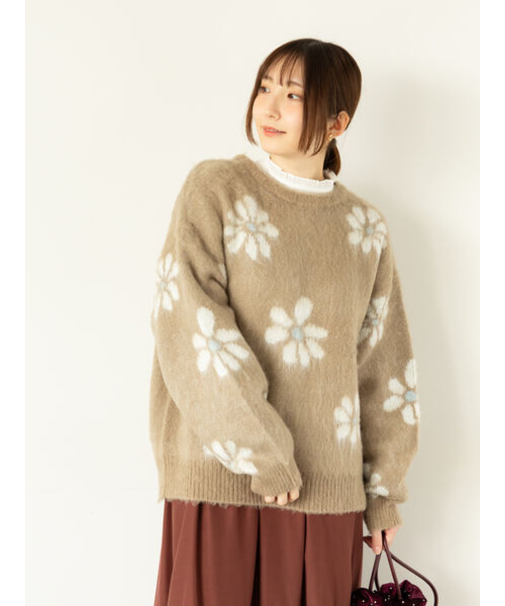 起毛花柄ジャカードニットプルオーバー