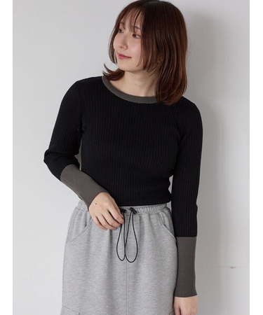 袖バイカラーリブニット