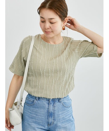 フリンジクルーネック半袖トップス