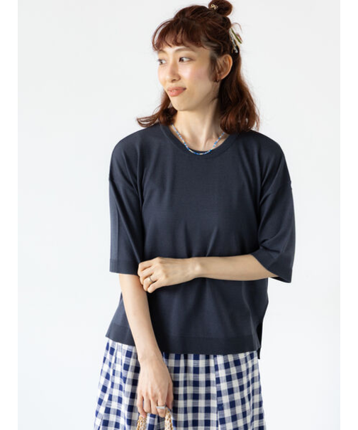【接触冷感】サイドスリットハーフスリーブニット