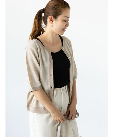 麻タッチ前後2WAY配色カーディガン