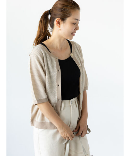 麻タッチ前後2WAY配色カーディガン