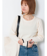 配色クルーネックリブニット
