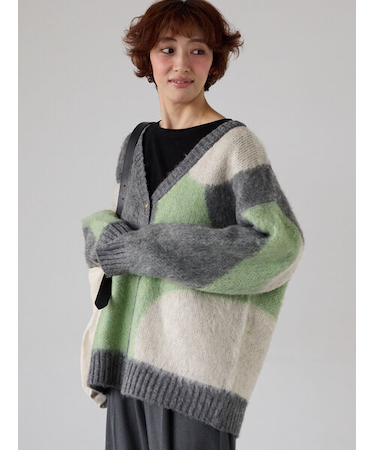 起毛ジャカードパッチワーク風Vネックカーディガン