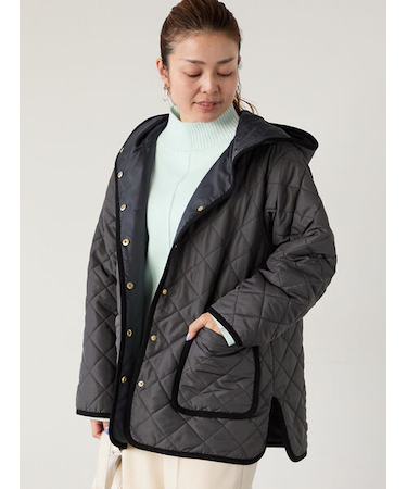 撥水フード付きスナップボタンリラックスキルトジャケット