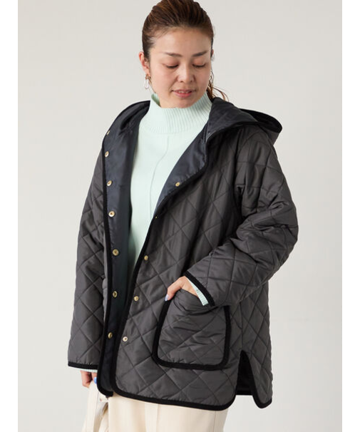撥水フード付きスナップボタンリラックスキルトジャケット