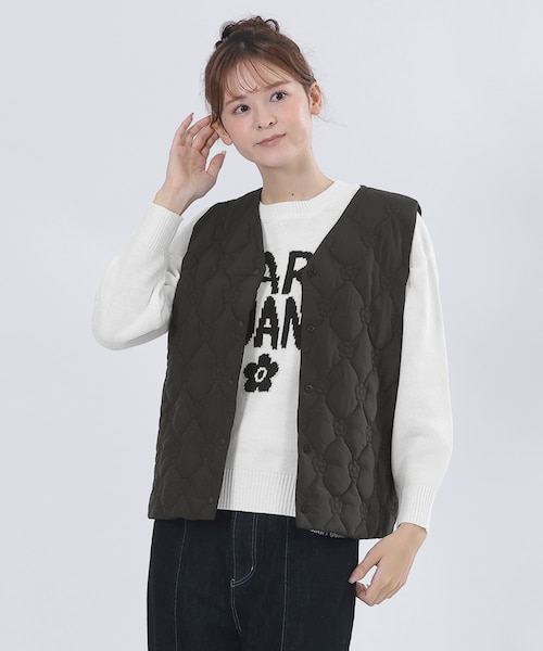 MARY QUANT ディジ-柄キルティングベストブラック デイジーキルトポケッタブル ベスト（ブラック）｜マリークヮントの