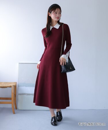 クロッシェカラーニットロング ワンピース