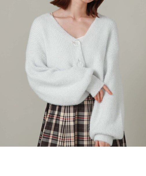 クロップドラメフェザーニットカーディガン