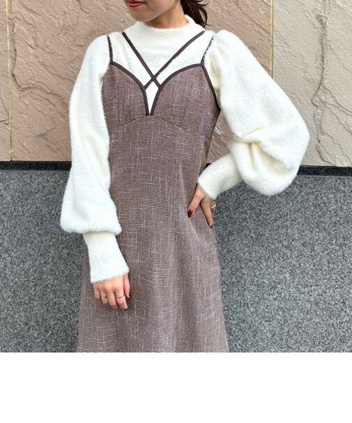 ストラップデザインツイードキャミワンピース