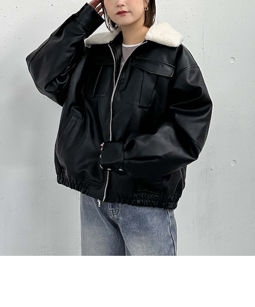 衿ファーフェイクレザー中綿ブルゾン｜アルシーヴの通販｜&mall