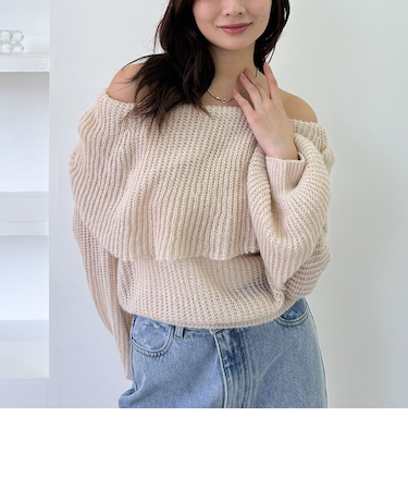 モヘアタッチ透かしオフショルニット
