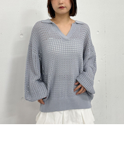 透かしスキッパーポロニット