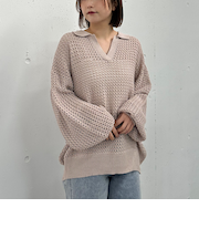 透かしスキッパーポロニット