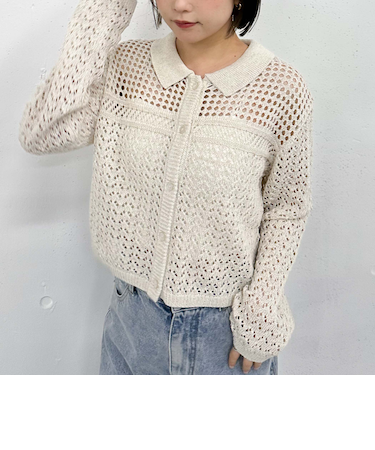 透かしポロニットカーディガン
