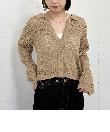 透かしポロニットカーディガン