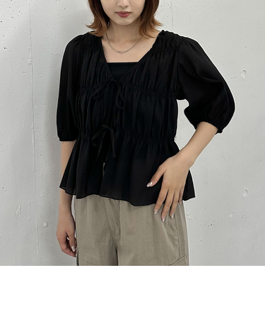 ’チェックアソート2wayシャーリングリボンブラウス’