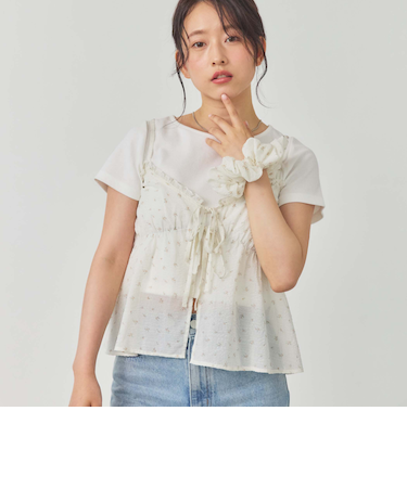 シュシュ付花柄キャミ×リブＴＯＰＳＳＥＴ
